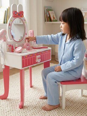 Large Wooden Rabbit Vanity Set, Kids Pretend Beauty Dresser with Chair